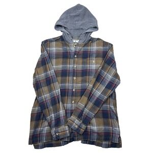 Billabong Baja Flannel Hoodie Shacket L Plaid Core Fit Stretch Brown Blue Red‎